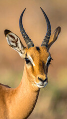 Impala portrait with sharp horns in natural habitat