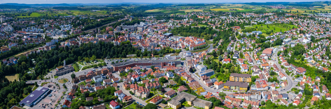 Panoramic aerial view of the old town in the city Backnang on a sunny day in spring, Germany , Baden-W&uuml;rttemberg