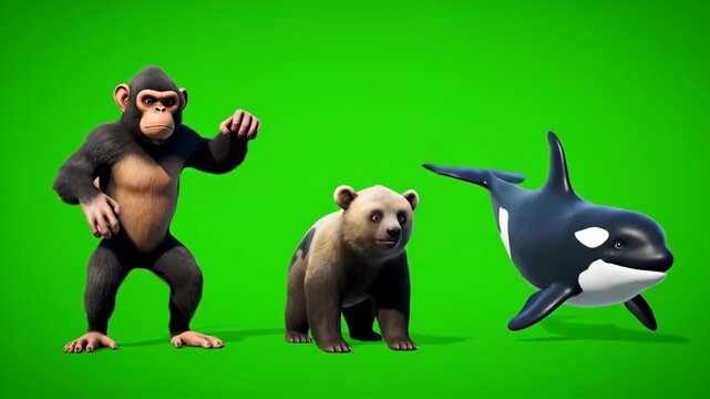 Adorable 3D cartoon animals dancing in sync on green screen