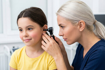 Professional Female Otolaryngologist Examining Little Girl's Ear with Otoscope in Medical Clinic