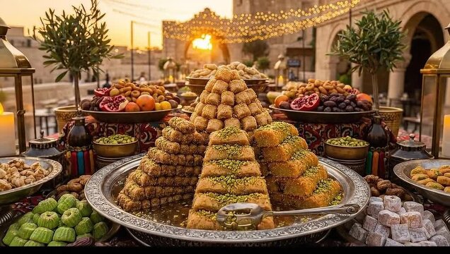 Elegant Ramadan Eid Celebration with Traditional Dessert Display