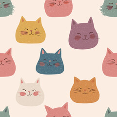 Seamless cute sleepy cat face pattern in pastel colors with hand-drawn texture on cream background