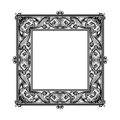 An ornate rectangular frame with intricate designs surrounds a blank space