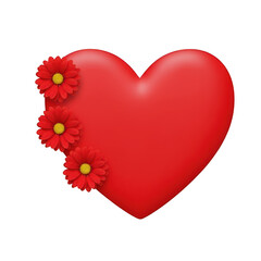 Red heart with three flowers isolated on transparent background