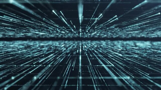 Abstract visualization of luminous particles streaking across a dark, grid-like plane