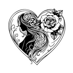 Obraz premium Woman's silhouette surrounded by floral heart frame illustration