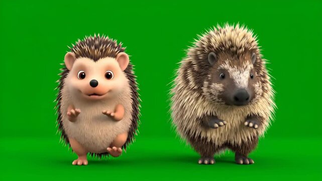 Two cute 3D cartoon hedgehogs waddling in sync on green screen