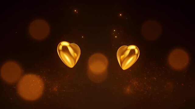 Animation two golden heart shape with gold sparkling particles for decoration Valentines Day background.