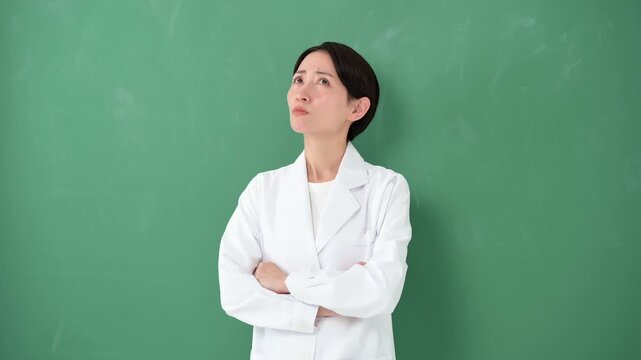黒板の前に立つ白衣を着た女性