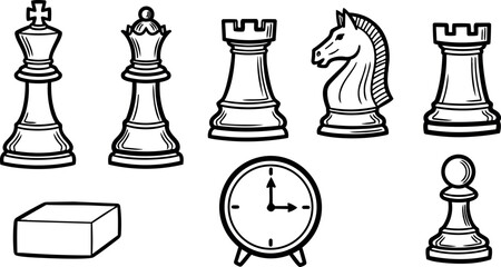 Hand drawn line art chess pieces and clock set vector icons with rook knight king queen pawn bishop timer minimal © PixelPaletteArt