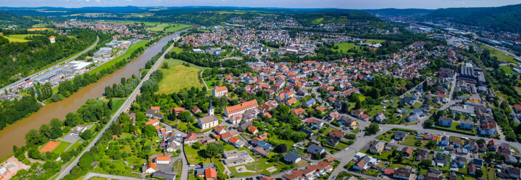 Panoramic aerial view of the old town in the city Mosbach on a cloudy day in spring, Germany , Baden-W&uuml;rttemberg