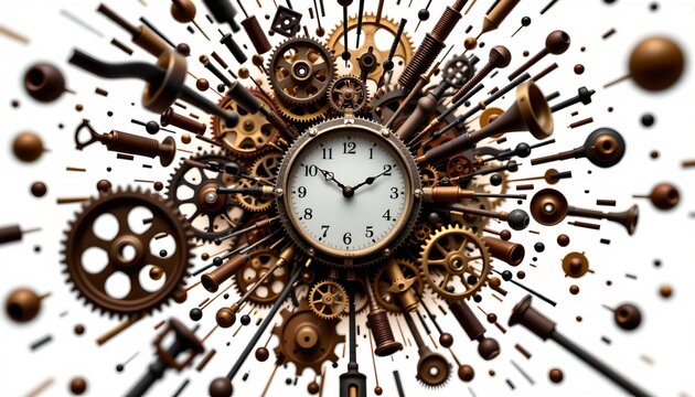 An artistic representation of gears, clock hands, and other mechanical elements exploding outward from a central clock face, creating a dynamic and chaotic appearance