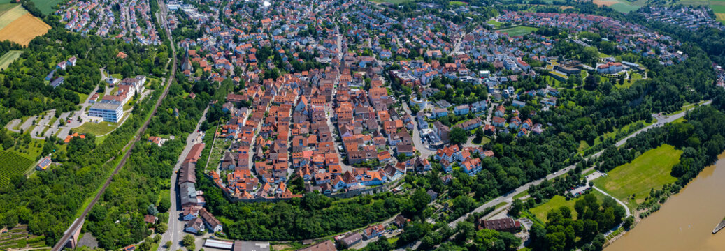 Aerial panoramic view of the city Marbach am Neckar
 in Germany on a sunny spring day