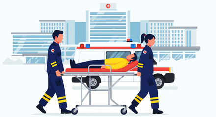 Ambulance vector illustration of medical professionals carrying a patient on a stretcher outside a hospital building © PDWN Creative