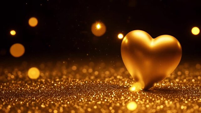 Animation golden heart shape at the right side with gold sparkling particles for decoration Valentines Day background.