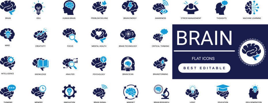 brain solid icon set brain, idea, intelligence, mind, logic, thinking, knowledge, creativity, psychology, mental professional vector set editable