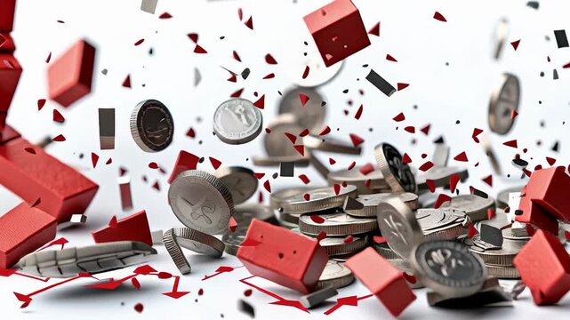 Red cube and silver coin stack breaking with broken fragments and red arrow rising financial graph