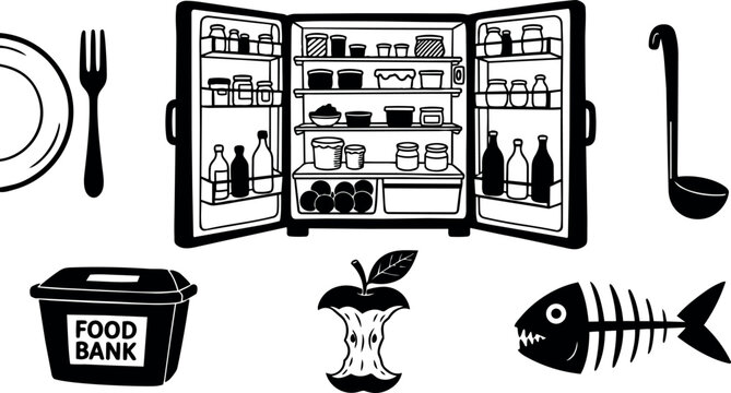 Flat design open refrigerator with organized shelves and food icons including food bank box apple core fish skeleton and utensils