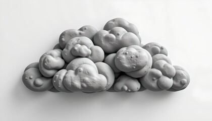 A 3D rendered cloud of spherical objects resembling fruits or nuts against a plain backdrop. The objects are densely packed, giving an impression of a large cluster