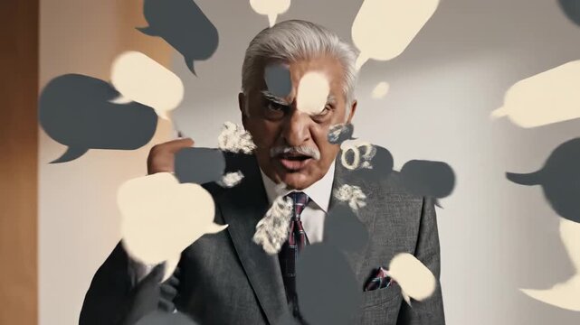 Frustrated senior executive yelling and arguing furiously with animated speech bubbles flying around him, representing a concept of miscommunication, disagreement, and intense discussion