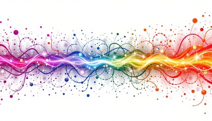 A vibrant and dynamic abstract design composed of flowing lines with various colors, resembling an energy ribbon effect