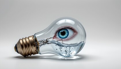 An artistic image featuring a glass light bulb with an open blue eye in the middle of the socket and water droplets falling from it onto a white surface