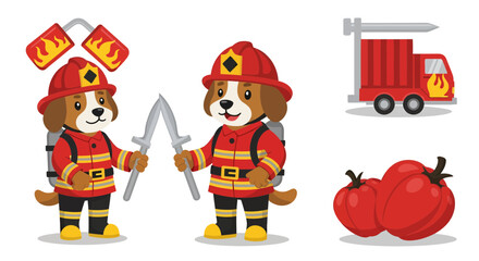 Fototapeta premium Playful canine brigade: Cartoon dog firefighters ready for action with fire truck and peppers
