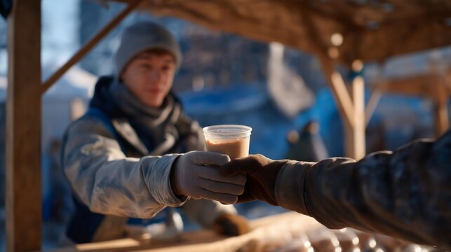 An urban setting where a volunteer is serving a mug of cocoa to a cold person, showcasing charitable efforts and social responsibility during the chilly months, underlining the importance of