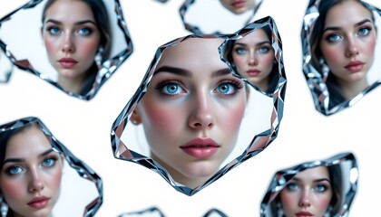 An intriguing visual of a person's face, which has been fragmented into multiple smaller images arranged in a grid like pattern