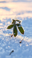 Small green plant frozen in ice and snow, warm dawn glow in the background, life resistance and fragile