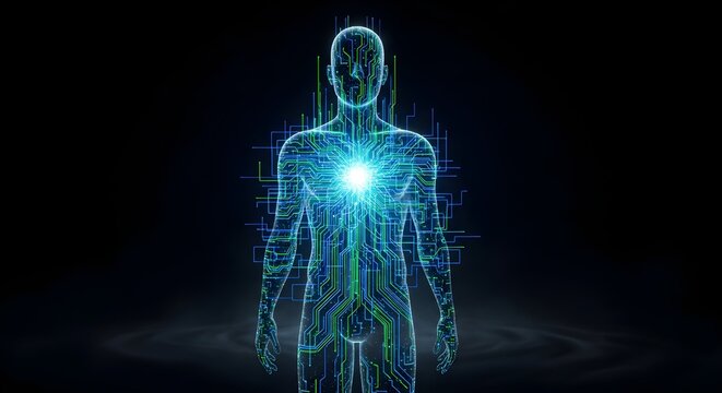 A futuristic conceptual illustration of a human body silhouette with neon glowing circuit patterns and a bright energy core at the heart.