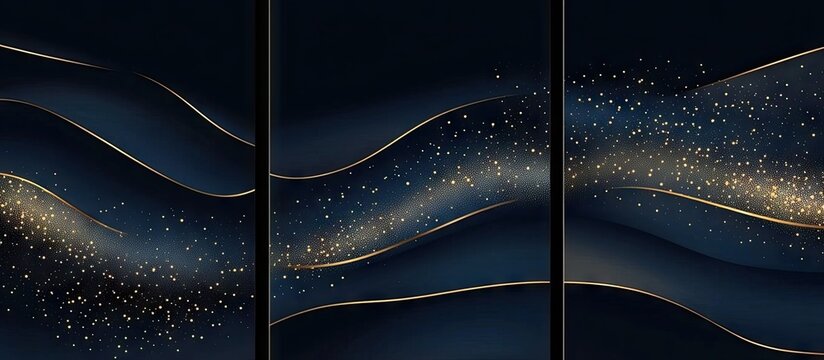 Set of three dark blue backgrounds with golden dots in the form of a gradient, vector illustration