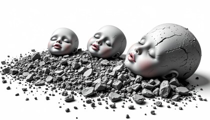 A surreal scene where three humanoid figures with broken heads are emerging from an assortment of gray rocks, which seem to have been the cause of their damage