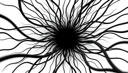 An intricate black and white illustration that combines abstract design with geometric shapes. The centerpiece is a large, swirling black form against a stark white background