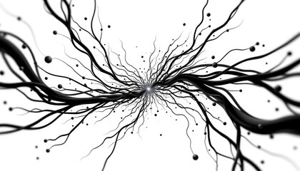 An intricate black and white pattern that resembles neural pathways or tree branches with droplets at the ends.
