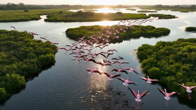 flamingos flying over water at sunset