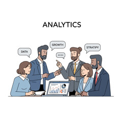 Business team analyzing data and discussing strategy for growth on laptop