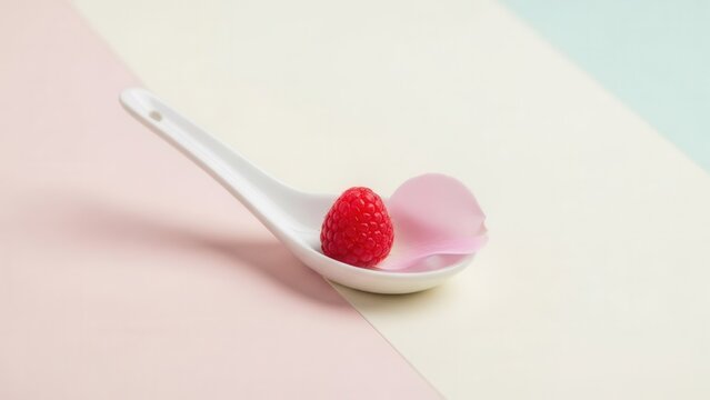 a single ripe raspberry rests delicately on a pink rose petal in a white spoon, set against a soft pastel color block background, a minimalist ode to simple pleasures.