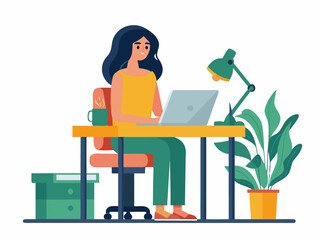 A young woman works on a laptop at a desk with a plant