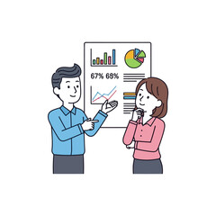 Business Meeting: Man Presenting Data Charts and Graphs to Woman