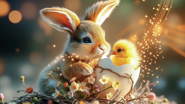 Easter bunny and Easter chicks in eggshells