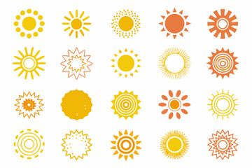 Collection of diverse sun icons with varying styles and radiant designs