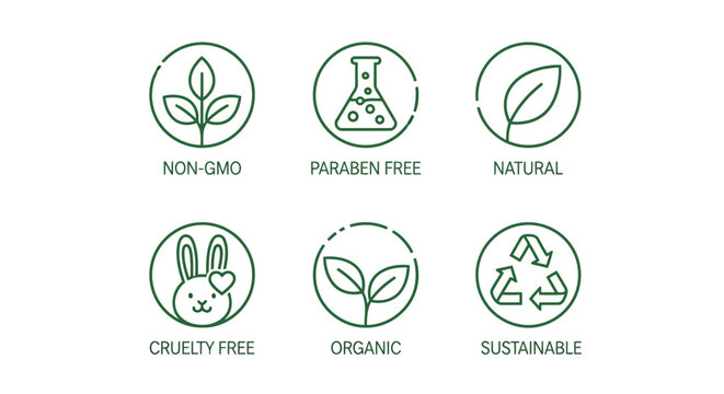 Natural cosmetic icons. Beauty badges. Cruelty free  vegan  bio  paraben free  labels. Skincare logo. GMO free emblems. Organic cosmetic line icon. Vector illustration