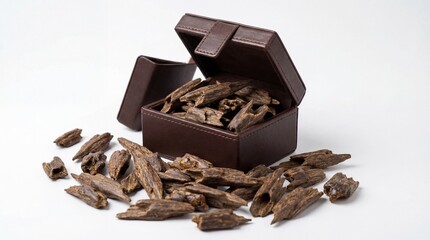 Brown leather box filled with fragrant agarwood chunks