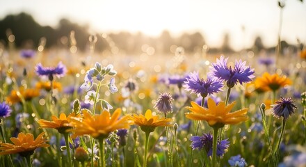 Fototapeta premium Prado de flores coloridas con rayos de sol y cielo azul y luces bokeh en verano - pancarta de fondo natural con espacio para copiar - concepto de primavera de flores silvestres de tarjetas de felicita