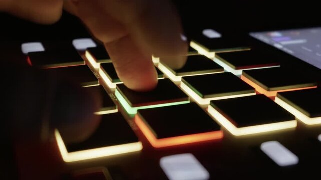 Musician's hand tapping rhythmic beats on colorful illuminated pads of a drum controller in a dark studio. Concept of music production, electronic creative hobbies, and modern audio technology.