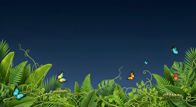 Hermoso fondo floral, panorama.
 Hojas, flores de colores, orugas, mariposas.
 Brillante pancarta de primavera y verano para cubrir redes sociales, invitaciones, bodas, vacaciones.
 Ilustraci&oacute;n vector