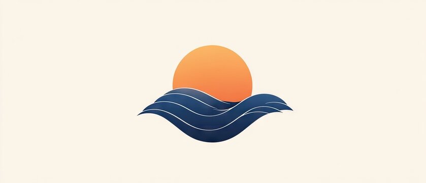 Minimalist logo featuring a sun setting or rising over stylized waves in blue and orange