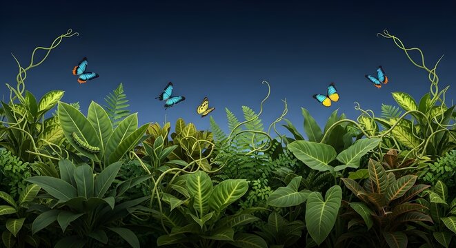 Hermoso fondo floral, panorama.
 Hojas, flores de colores, orugas, mariposas.
 Brillante pancarta de primavera y verano para cubrir redes sociales, invitaciones, bodas, vacaciones.
 Ilustraci&oacute;n vector