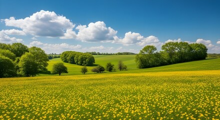 Obraz premium Campo con dientes de león y cielo azul.